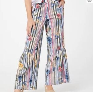 Striped Floral Wide-Leg Pants in Multicolor